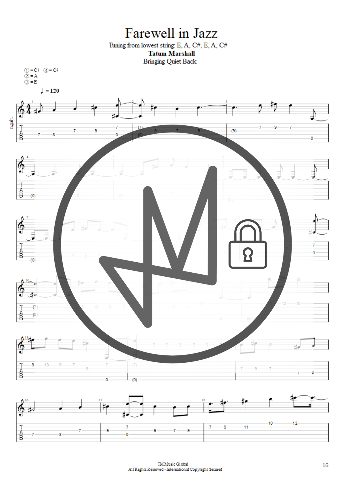 Sheet music page for the song 'Farewell in Jazz' with musical notation, guitar tablature, and a large circular lock icon covering the center, indicating a locked or previewed content view.