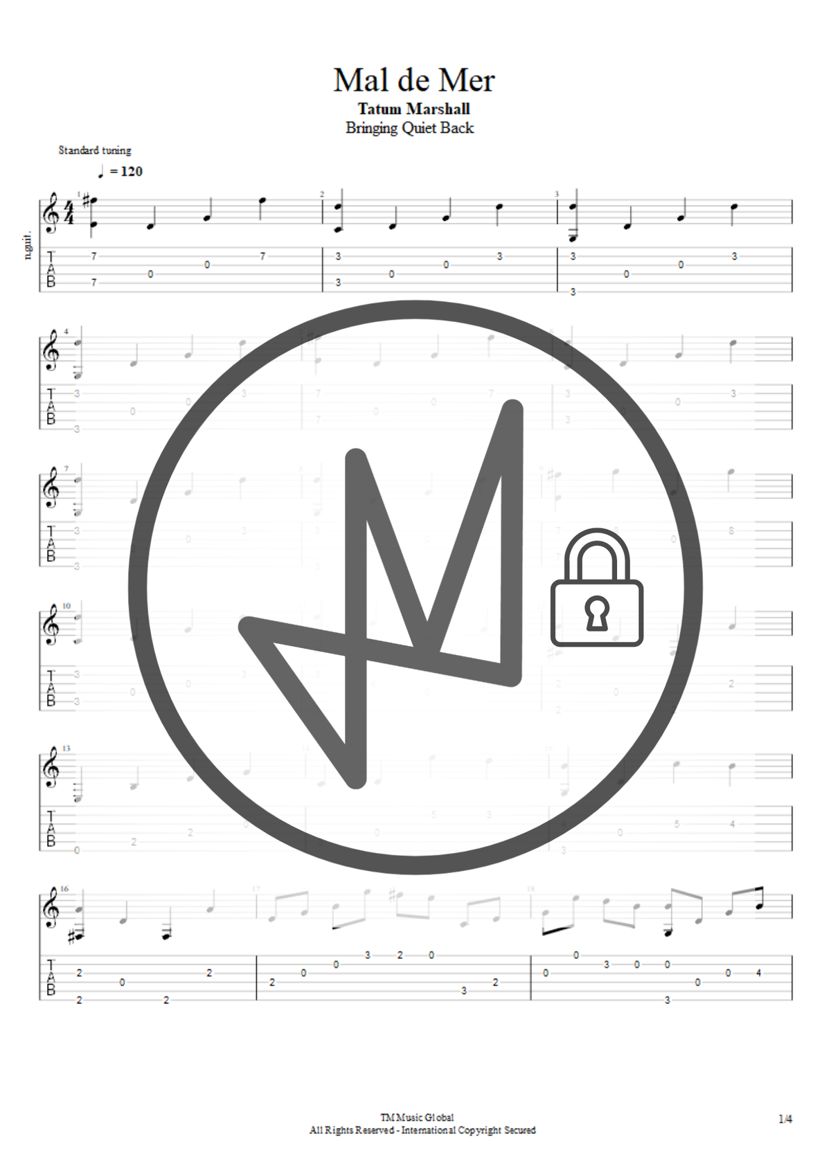 A black-and-white sheet music page titled 'Mal de Mer' with Tatum Marshall and 'Bringing Quiet Back' at the top, showing musical notation and guitar tablature. A large circular logo with a stylized M and padlock graphic overlays the center, and small copyright text appears at the bottom.