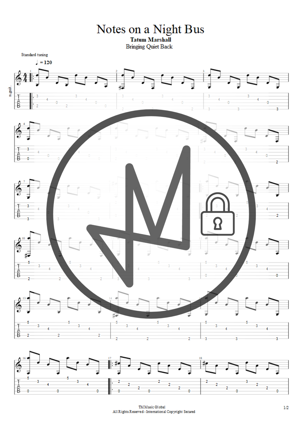 A sheet music page for 'Notes on a Night Bus' by Tatum Marshall, featuring musical notation and guitar tablature on a white background, with a large circular watermark and padlock icon covering the center.