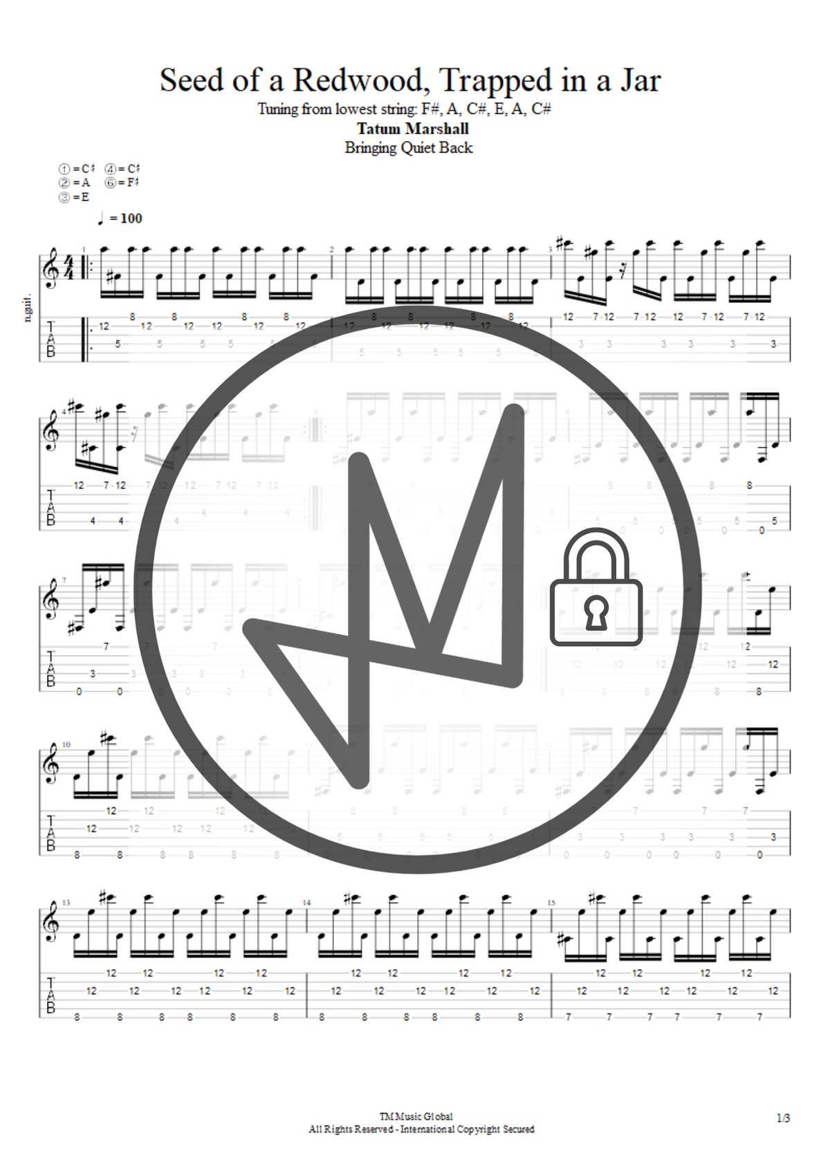 A sheet music page for the song 'Seed of a Redwood, Trapped in a Jar' by Tatum Marshall, featuring musical notation, tablature, and a large circular watermark with a stylized 'M' and padlock icon over the center.