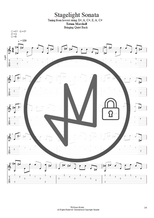 A sheet music page for 'Stagelight Sonata' by Tatum Marshall, featuring musical notation, tablature, and a large circular logo with a lock icon overlaid in the center.
