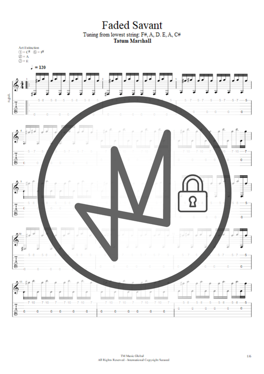 A sheet music page for 'Faded Savant' by Tatum Marshall, featuring musical notation and tablature. A large circular gray logo with a stylized letter M and a padlock icon overlays the center of the page.