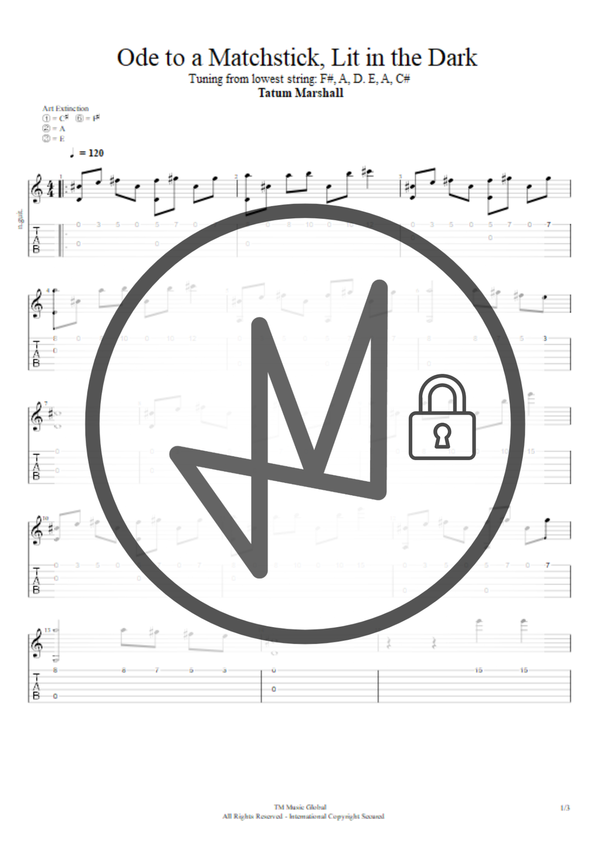 A sheet music page titled 'Ode to a Matchstick, Lit in the Dark' by Tatum Marshall, with musical notation and tablature. A large circular gray logo with a stylized symbol and a padlock graphic overlays the center of the page.