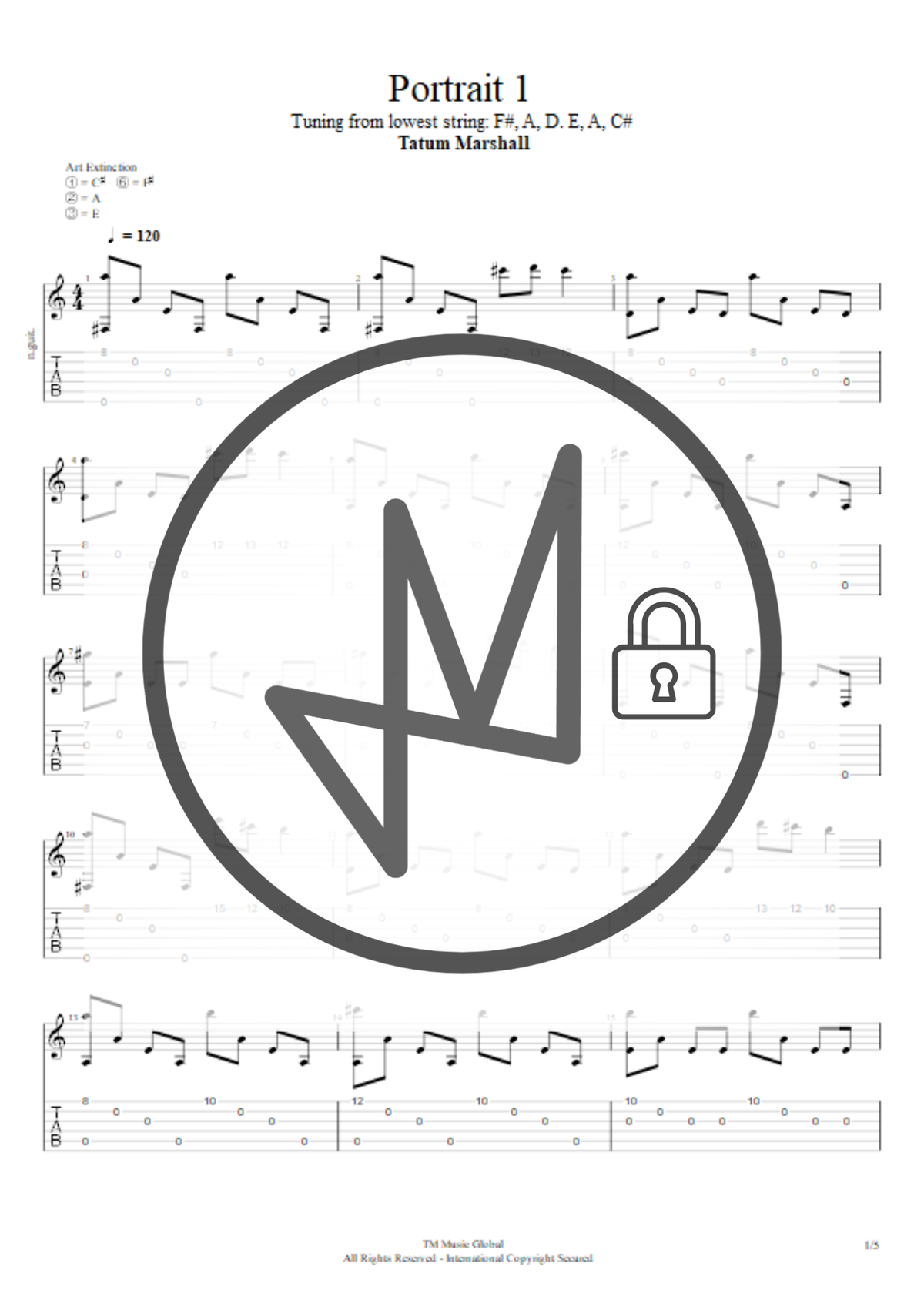 A black-and-white sheet music page titled 'Portrait 1' with musical notation, guitar tabs, and a large circular logo overlay covering the center. Created by Tatum Marshall.