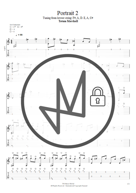 A sheet music page for 'Portrait 2' by Tatum Marshall, featuring musical notation, guitar tabs, and a large circular logo with a lock icon overlaid in the center.