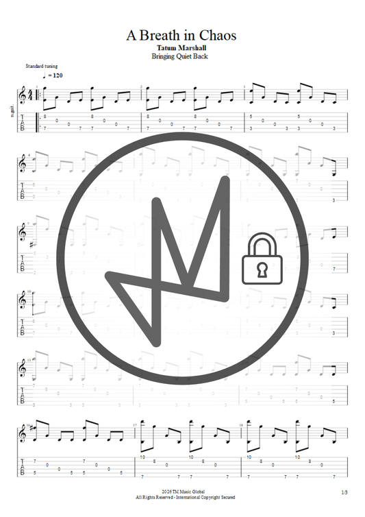 Sheet music page for 'A Breath in Chaos' by Tatum Marshall, featuring musical notation and guitar tablature on a white background, with a large circular gray logo and a padlock graphic covering the center.