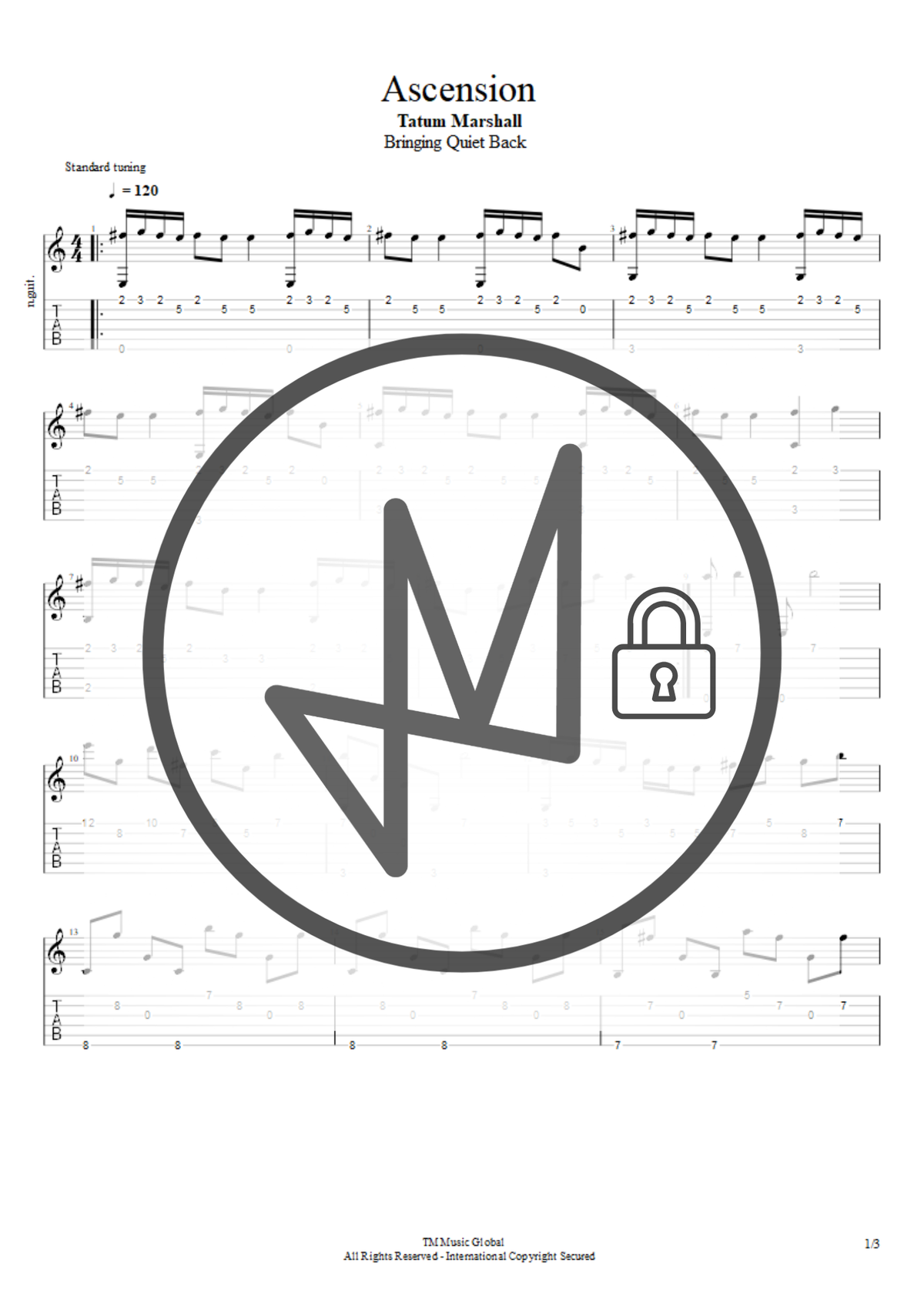A sheet music page for the song 'Ascension' by Tatum Marshall, featuring musical notation and tablature. A large circular logo with a stylized symbol and a padlock icon is overlaid in the center, and small copyright text appears at the bottom.