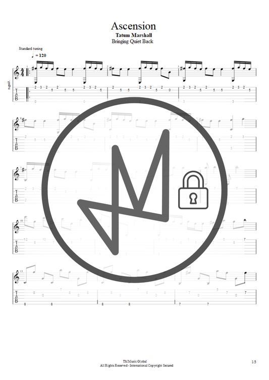 A sheet music page for the song 'Ascension' by Tatum Marshall, featuring musical notation and tablature. A large circular logo with a stylized symbol and a padlock icon is overlaid in the center, and small copyright text appears at the bottom.