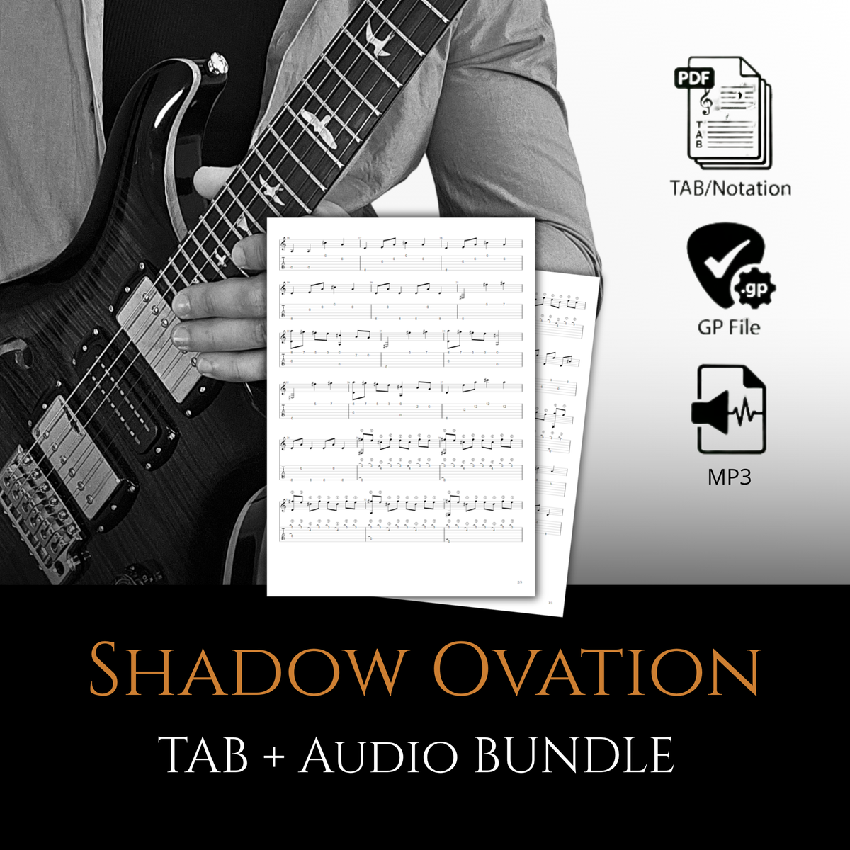 Promotional graphic for a music tab and audio bundle titled 'Shadow Ovation TAB + AUDIO BUNDLE.' A black-and-white photo of Tatum Marshall holding an electric guitar appears on the left, with sheet music pages overlaid in the center.