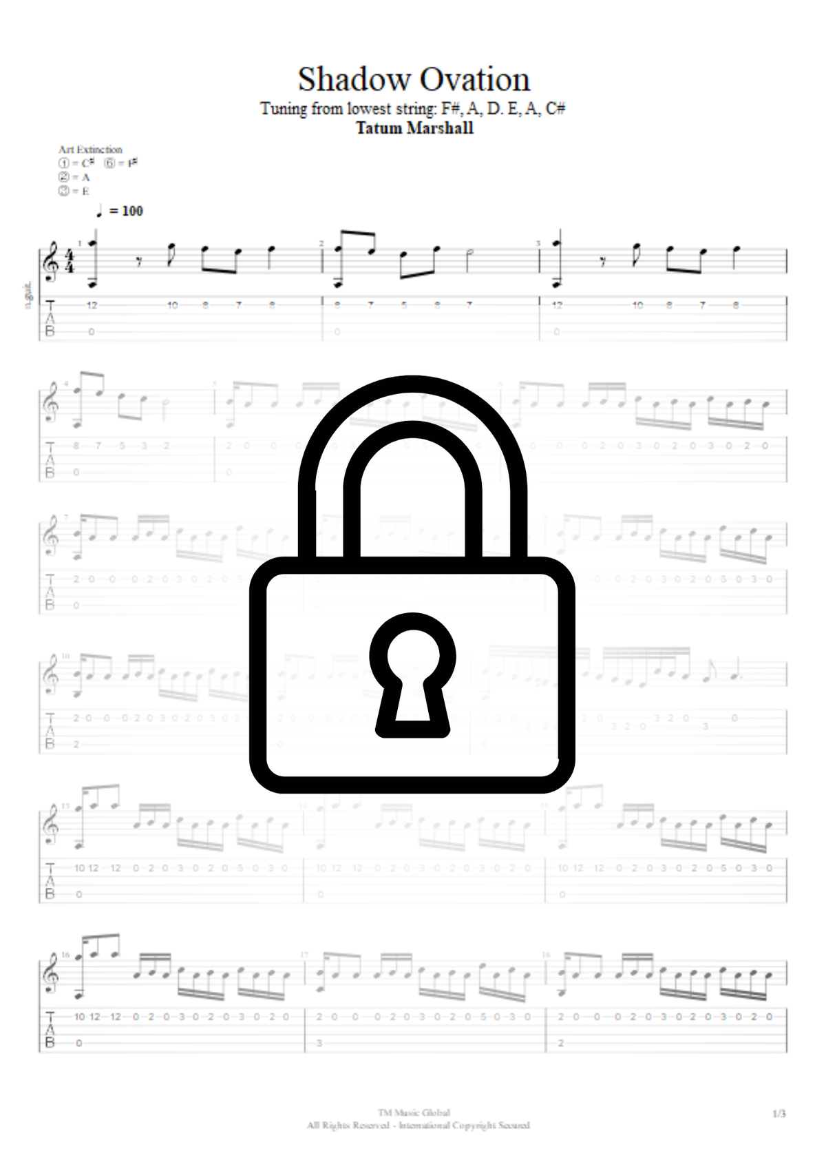 A sheet music page for the song 'Shadow Ovation' by Tatum Marshall, featuring musical notation, guitar tabs, and a large black padlock icon overlaid in the center.