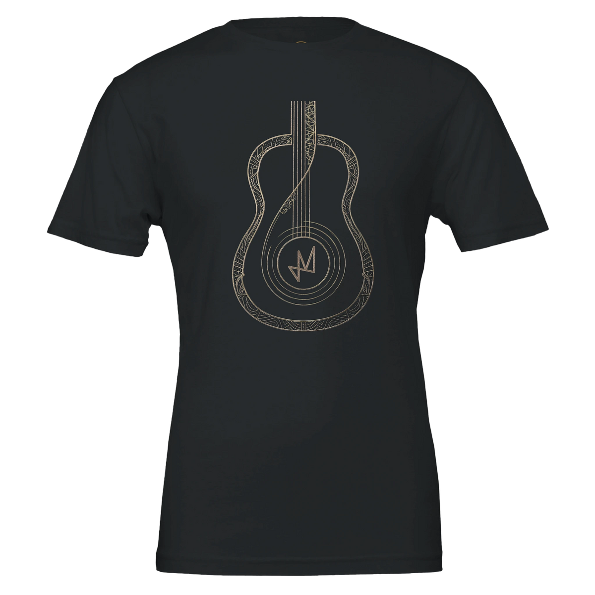 A t-shirt design for a modern classical and fingerstyle guitar t-shirt from artist Tatum Marshall. The t-shirt shows a winding spiral pattern in the shape of a guitar, with the Tatum Marshall / TM Music Global logo in the middle sound hole.