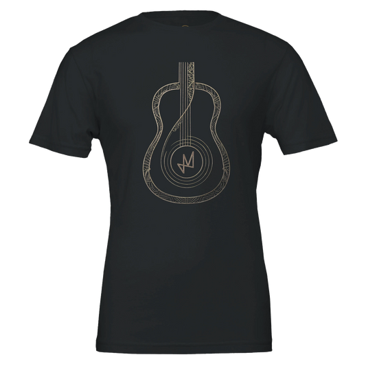 A t-shirt design for a modern classical and fingerstyle guitar t-shirt from artist Tatum Marshall. The t-shirt shows a winding spiral pattern in the shape of a guitar, with the Tatum Marshall / TM Music Global logo in the middle sound hole.