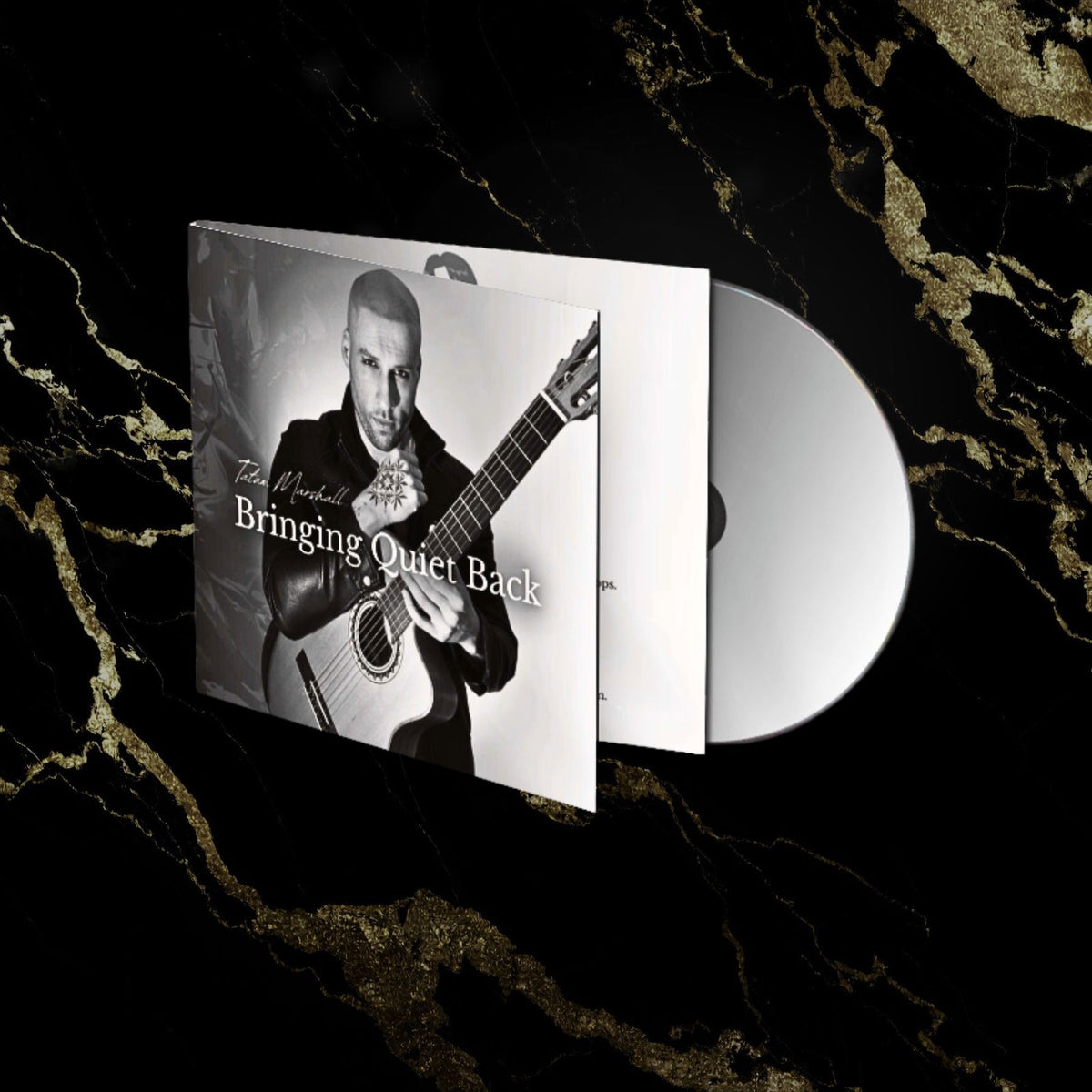 A promo image for Tatum Marshall's neoclassical album Bringing Quiet Back in CD form with an image of a CD and album artwork.
