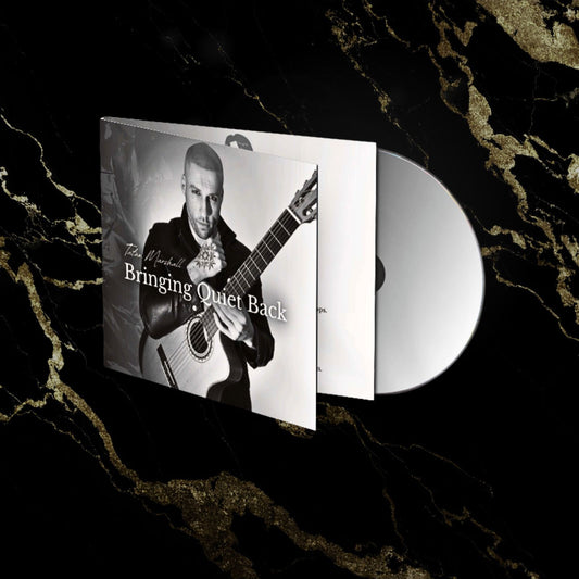 A promo image for Tatum Marshall's neoclassical album Bringing Quiet Back in CD form with an image of a CD and album artwork.